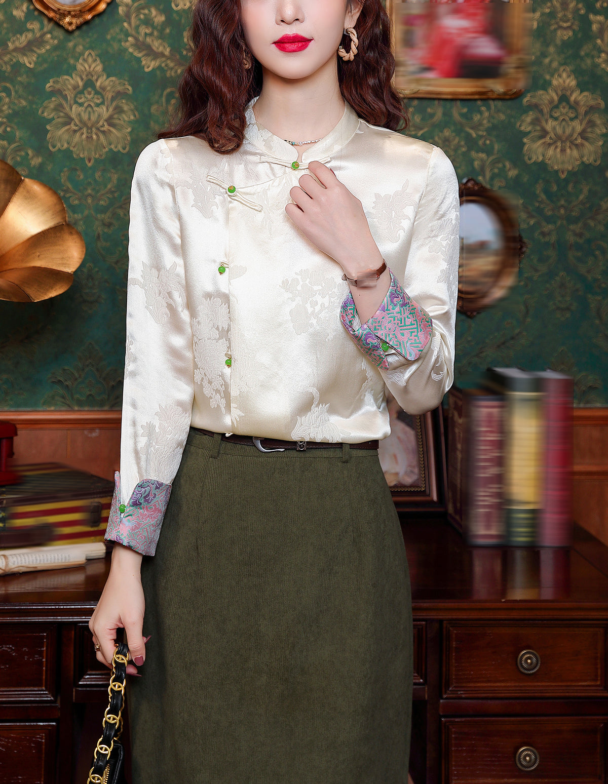 Elegant Chinese Style Jacquard Blouse with Vintage Buttons