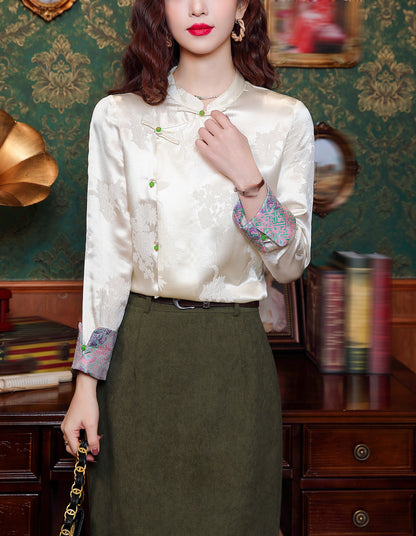 Elegant Chinese Style Jacquard Blouse with Vintage Buttons