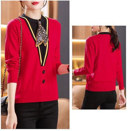 Tie-Neck Knit Sweater for Women | Lightweight Fall Pullover with Vintage-Inspired Collar