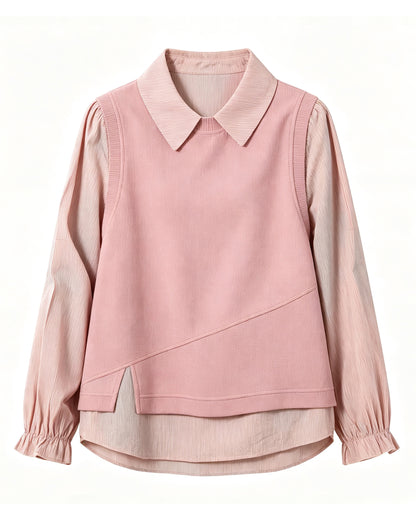 Women's Layered Knit Top | Lightweight Early Fall Collared Sweater Blouse