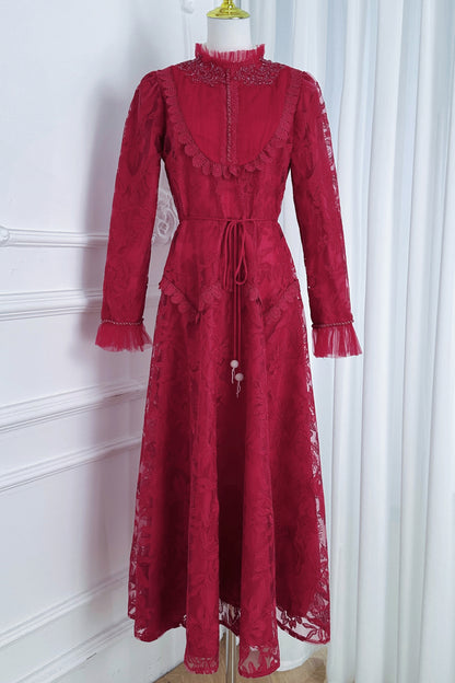 Elegant Embroidered Mesh Bead Trim Maxi Dress
