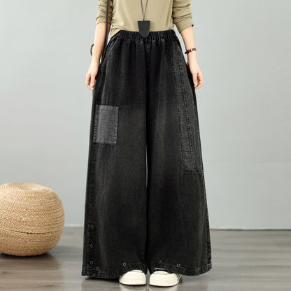 28667-Vintage Denim Wide-Leg Pants with Buttons Trim & Patch Pockets