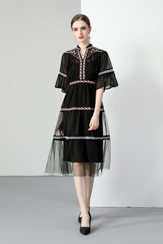 Embroidered Sheer Mesh Trumpet Sleeve Layered Hem Lace Dress