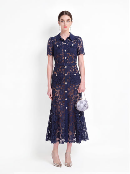 Navy Lace Mermaid Long Dress with Belt