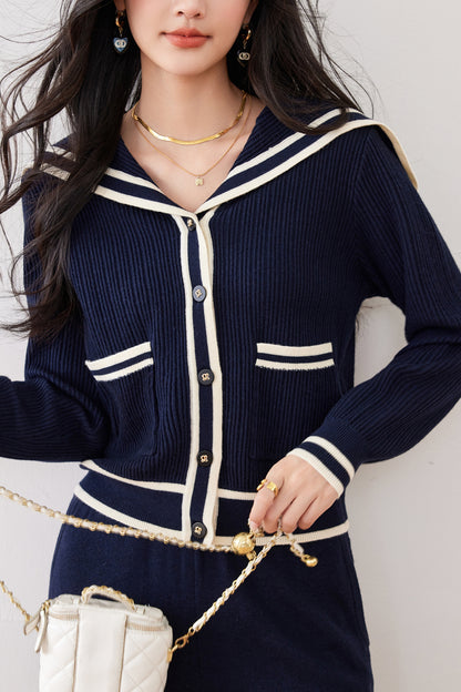 Women's Sailor Collar V-Neck Stripe Button Knit Top