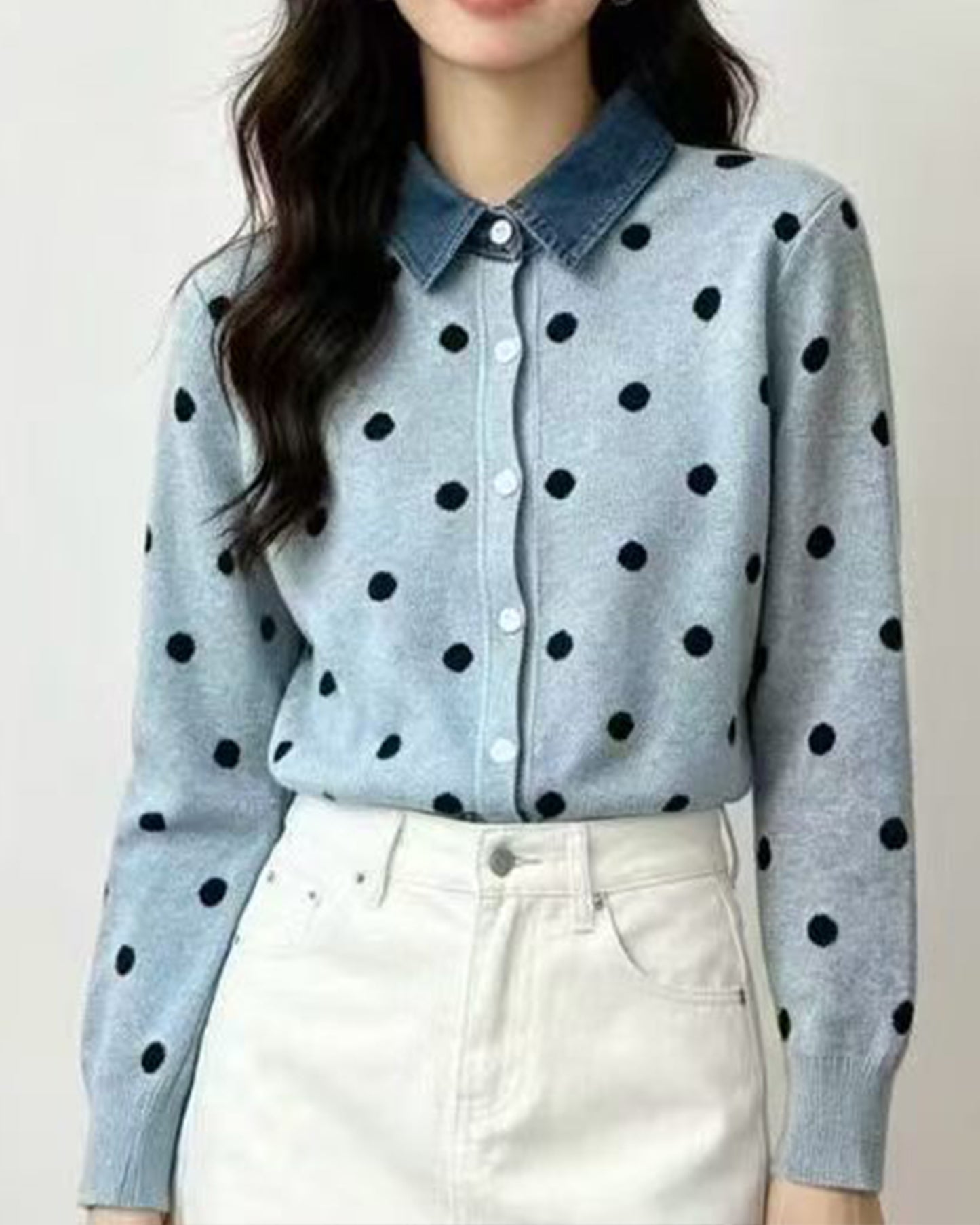 Polka Dot Knit Cardigan with Denim Collar