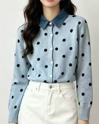 Polka Dot Knit Cardigan with Denim Collar
