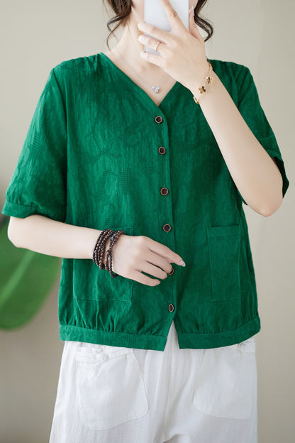 Green V Neck Button-up Linen Blouse Top