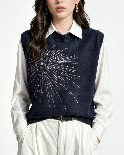 Women's 2 in 1 Round Neck Soft Sweater Top Chic Layering Office Casual