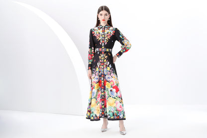 Women's Floral Print  Flowy Button Up Split Maxi Dress