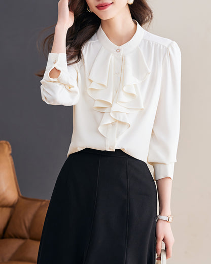 Title: Elegant Ruffle Front Blouse | Feminine Stand Collar Shirt