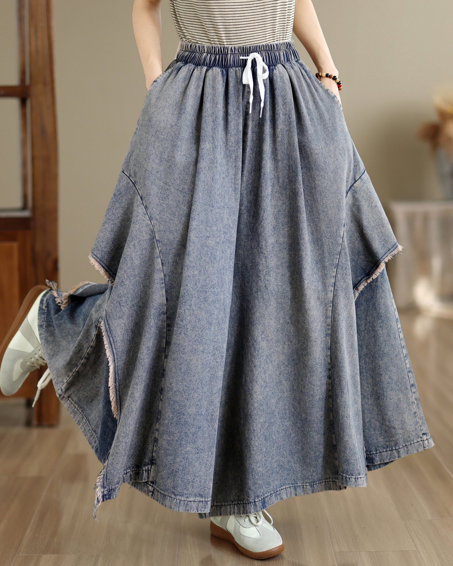 Women Loose Denim Skirt Pants Baggy Elastic Waist Casual Wide Leg Jeans