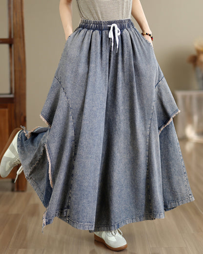 Women Loose Denim Skirt Pants Baggy Elastic Waist Casual Wide Leg Jeans