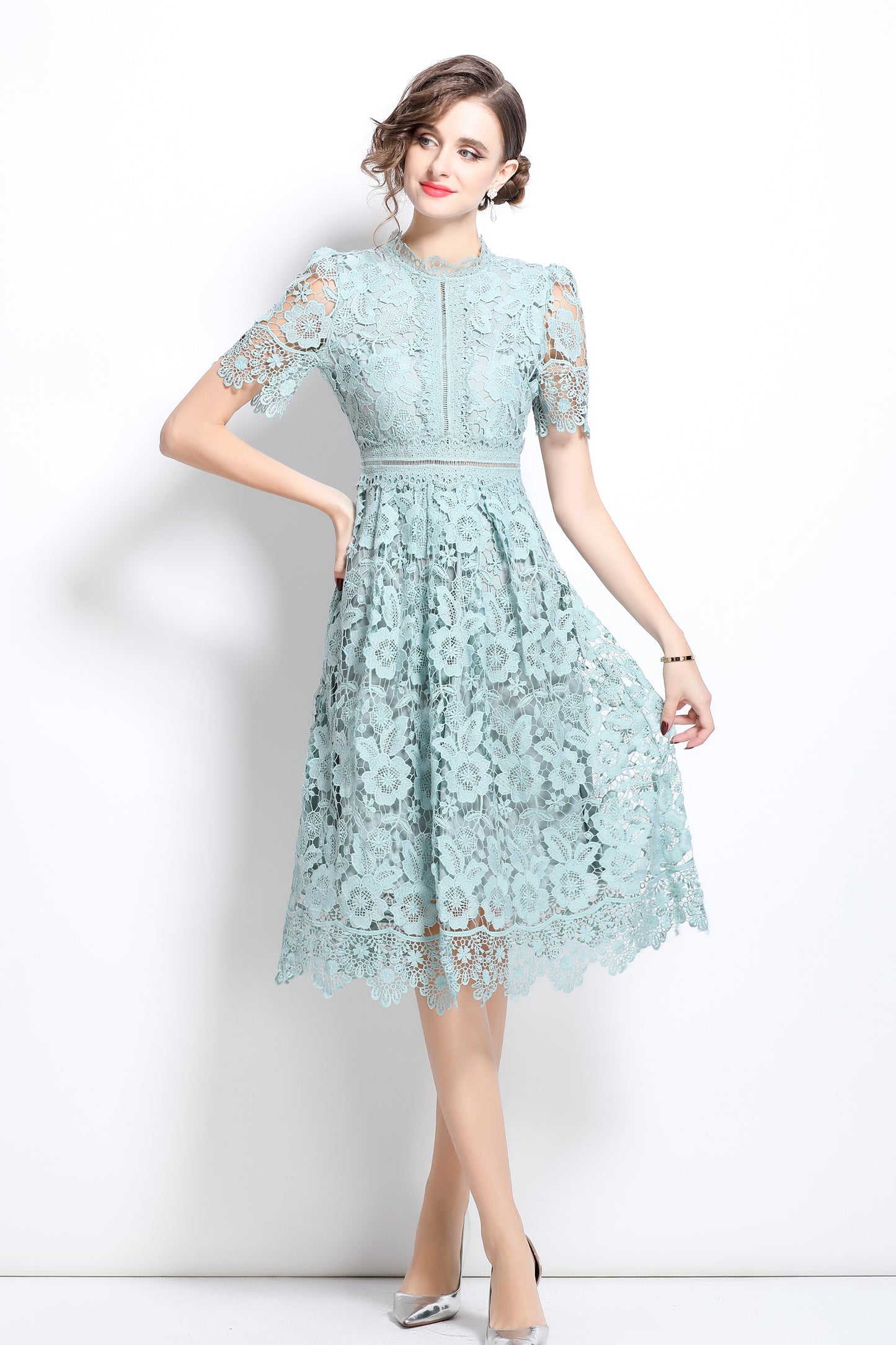 Women's Floral Lace Waist Crochet Midi Dress