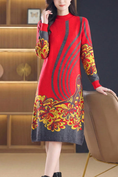 Women's Long Sleeve Knit Stretch Sweater Midi Dress