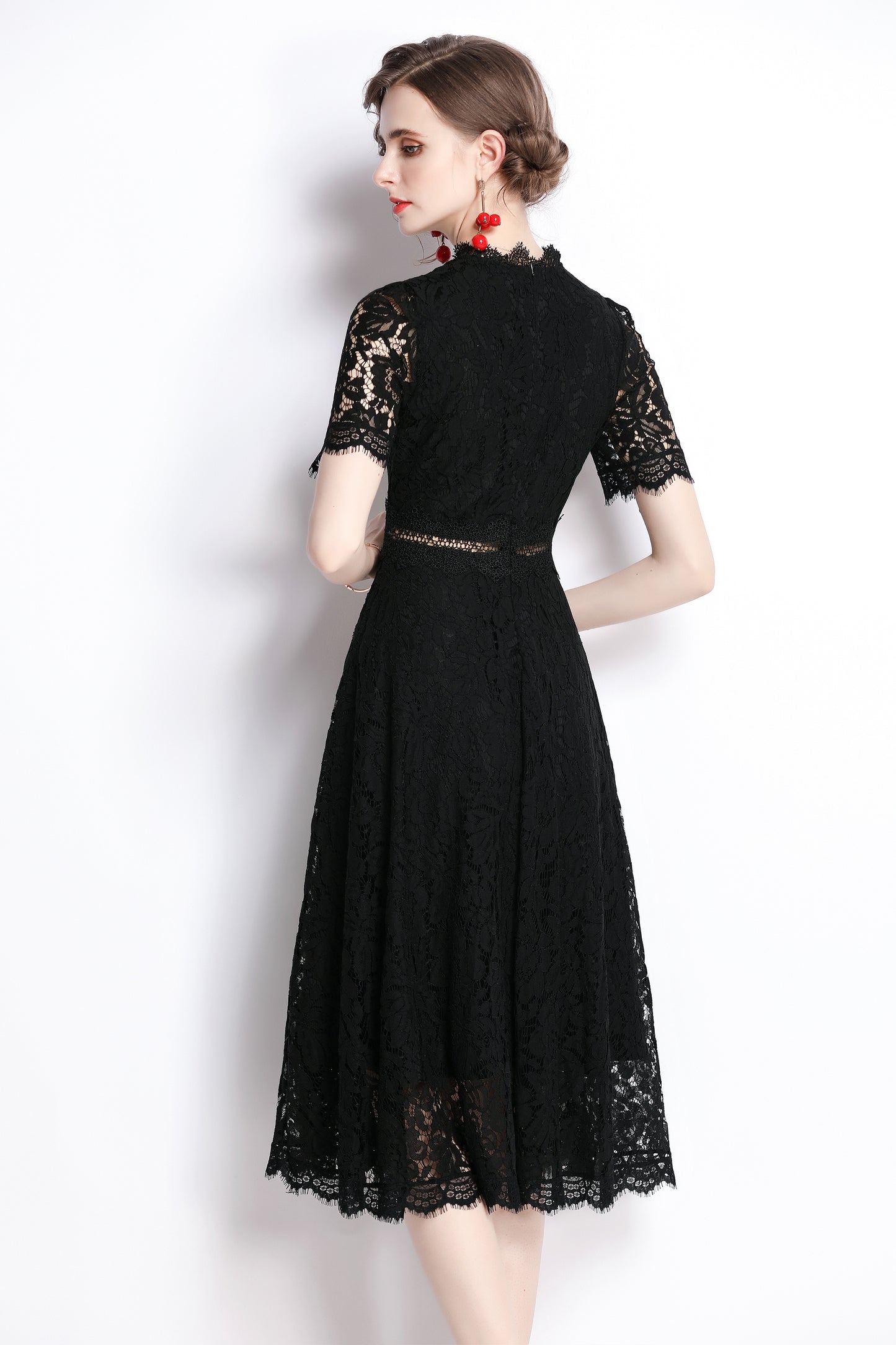 SSY-Women's Short Sleeve Lace Cocktail Midi Dress