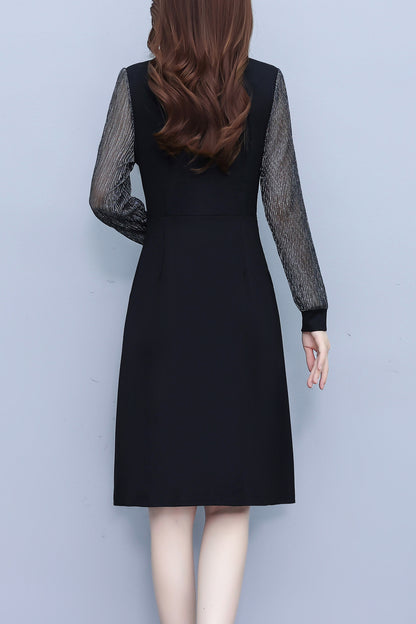 Women's V-Neck Long Sleeve with Pockets Black Dress