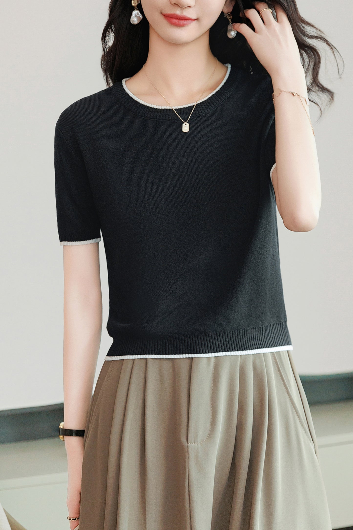 Women's Short Sleeve Ribbed Knit Tops