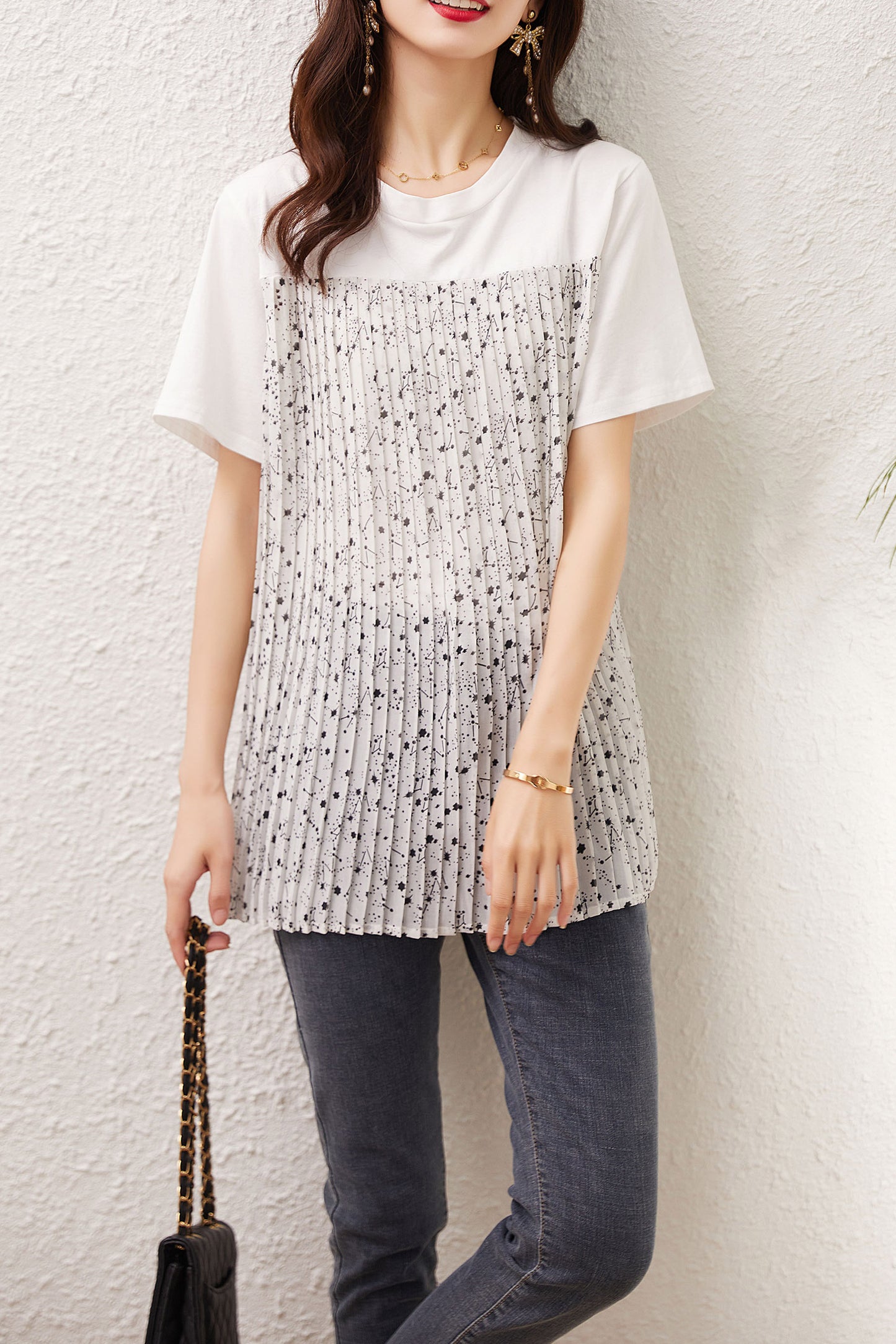 Casual Patchwork Shirt Pleated Print Tops