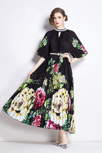 Women's Elegant Pleated Round Neck Bat Sleeves Print Maxi Dress