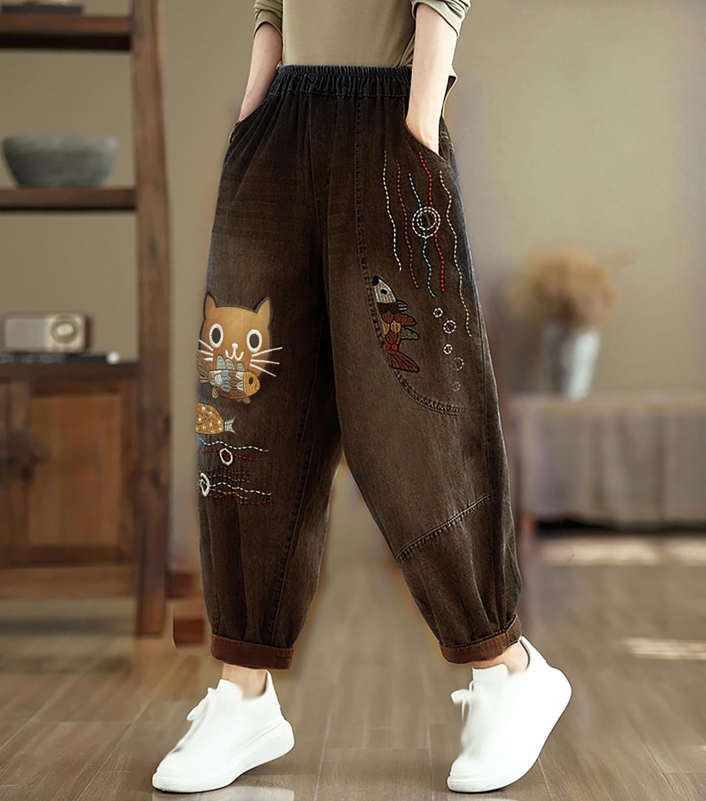Casual Jeans Denim Loose Pants Elastic Waist with Pocket