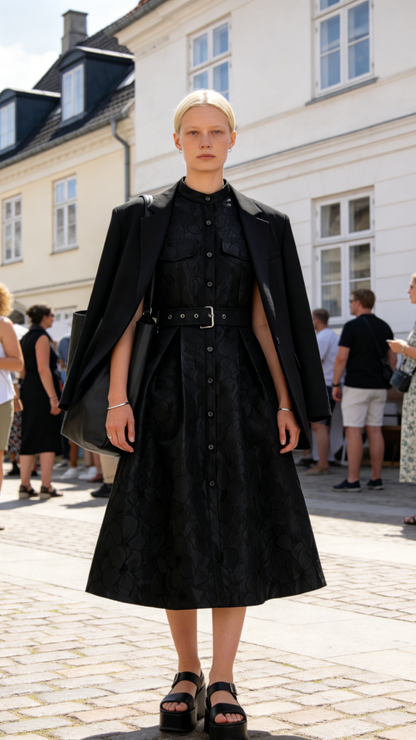 Black Jacquard Button Up Midi Dress With Belts - LAI MENG FIVE CATS