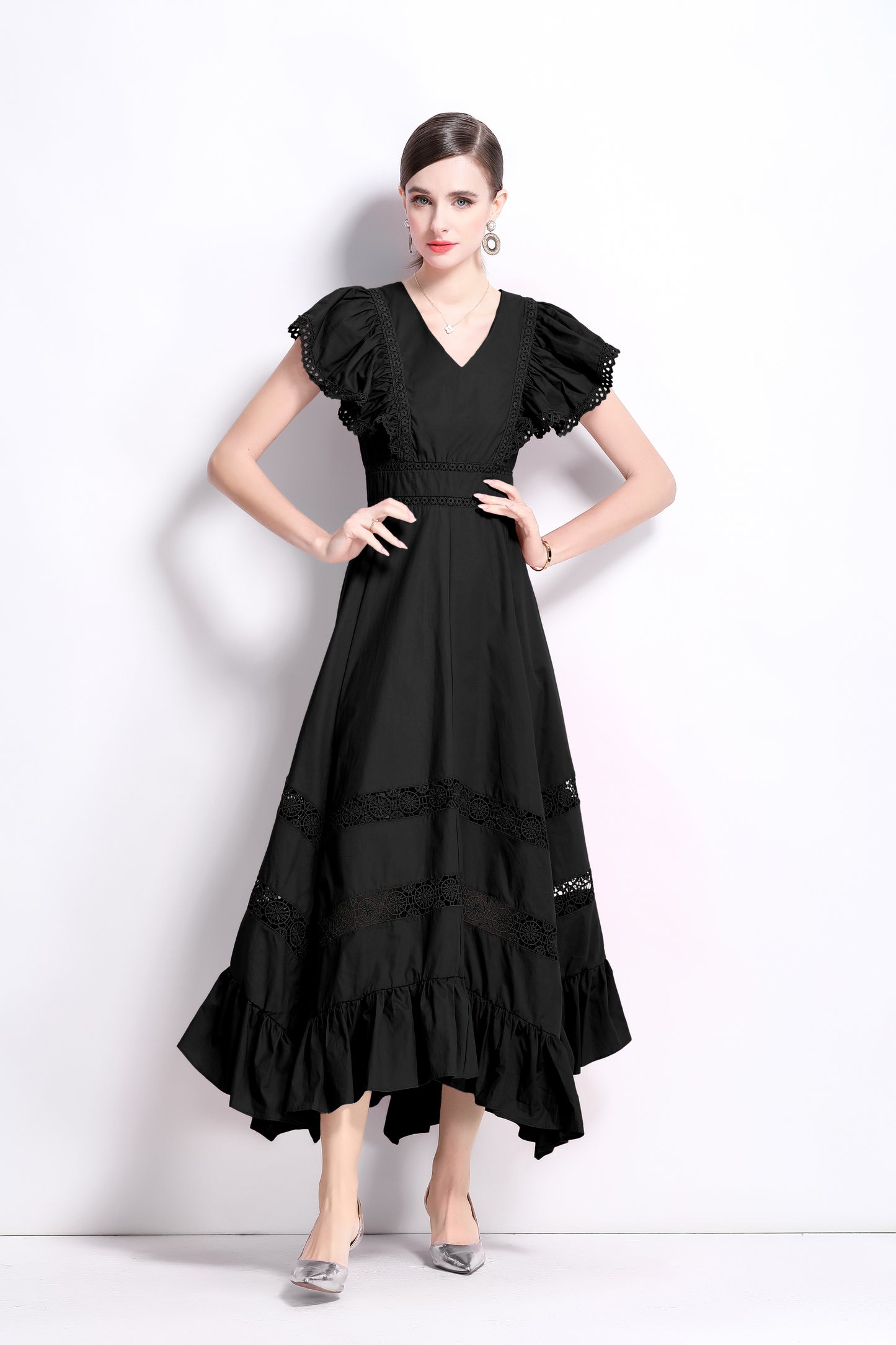 Women's V Neck Lace Ruffles Irregular Hem Maxi Dress