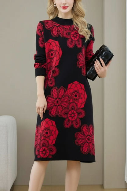 Women's Turtleneck Print Pullover Sweater Midi Dress