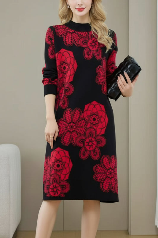 Women's Turtleneck Print Pullover Sweater Midi Dress