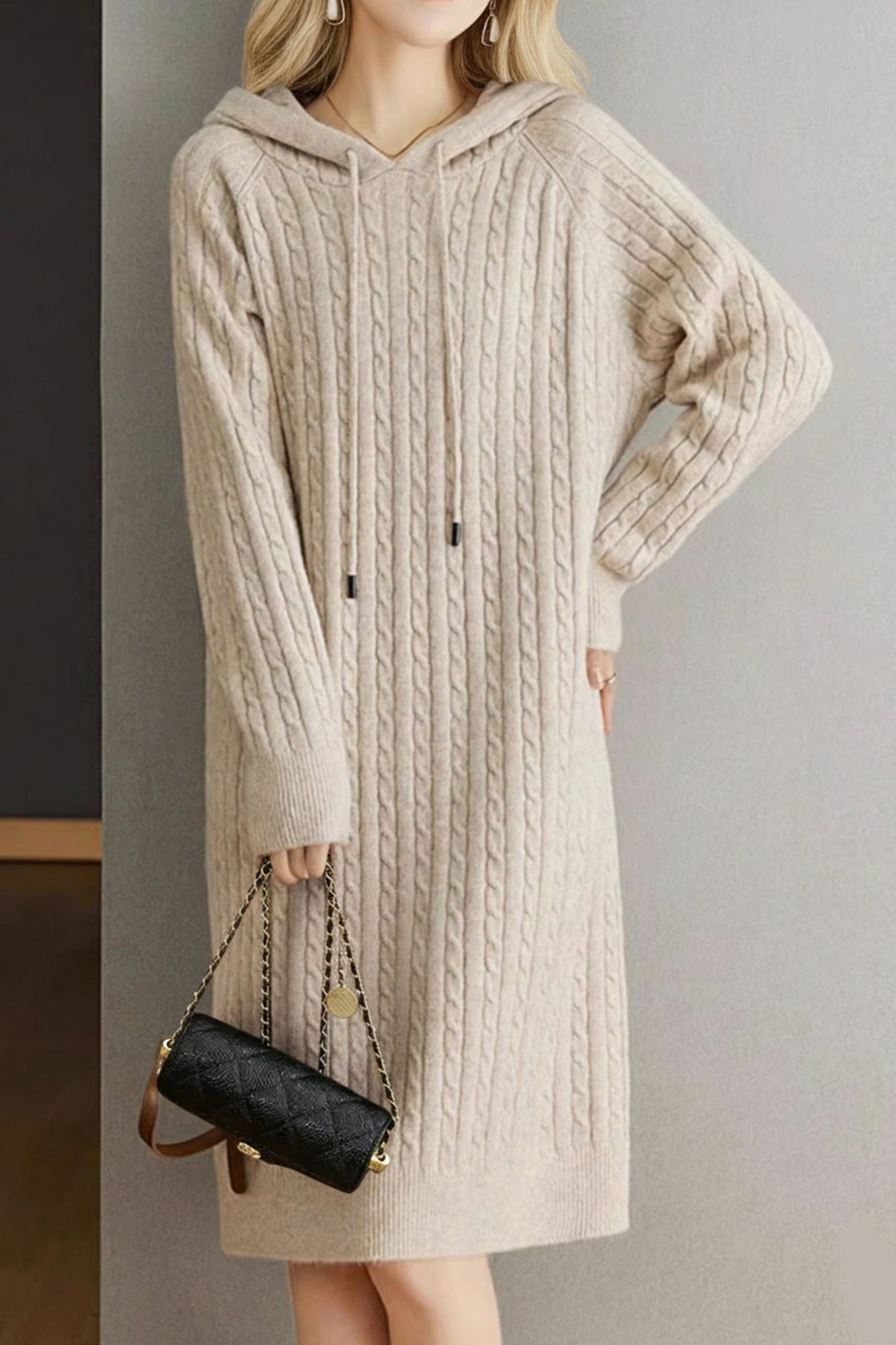 Women's Cable Knit Sweater Hoodie Midi Dress