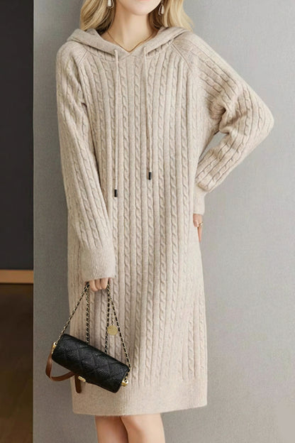 Women's Cable Knit Sweater Hoodie Midi Dress