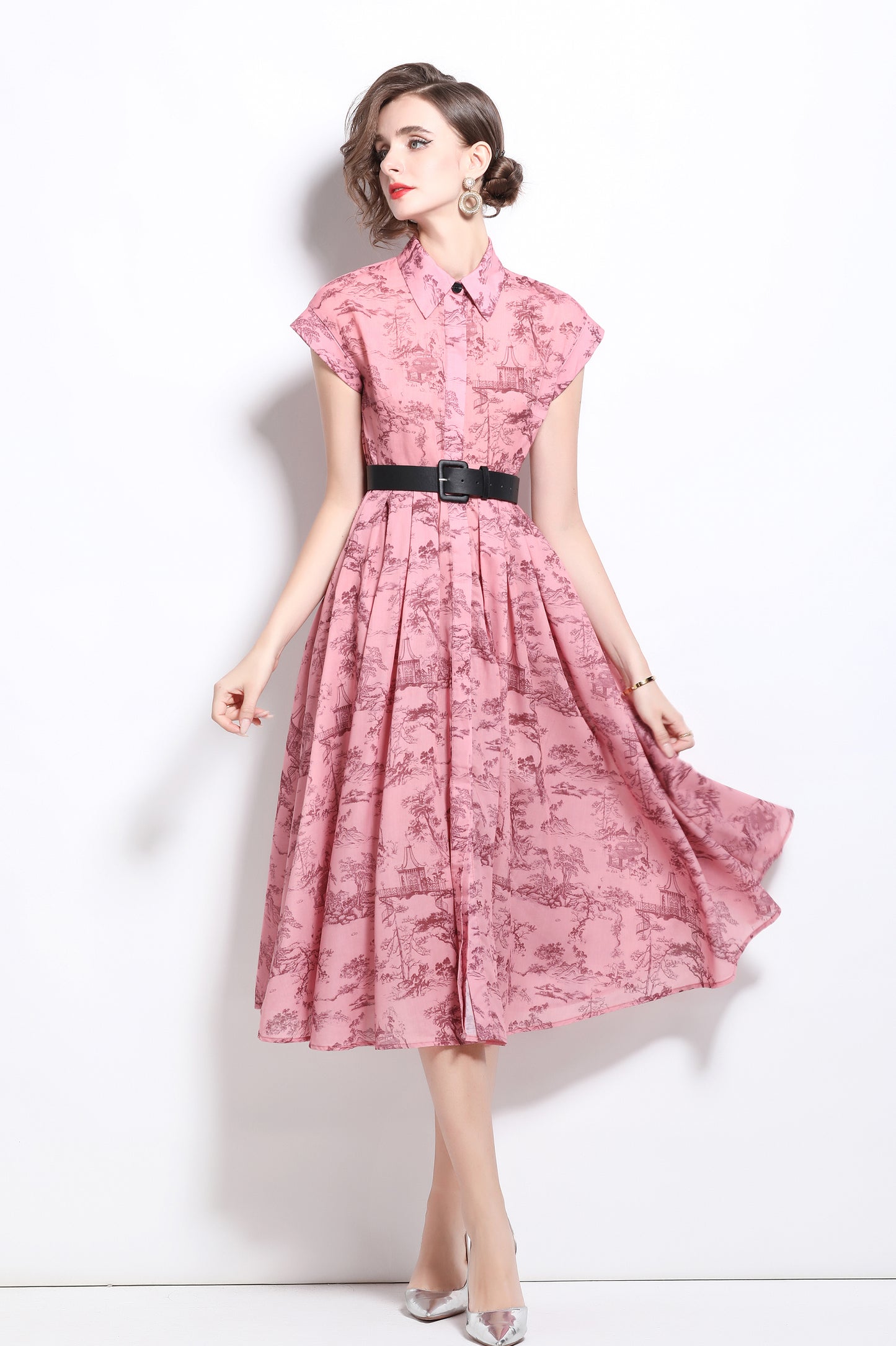 Women's Short Sleeves Collar Printed Buttons Midi Dress