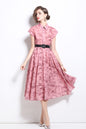 Women's Short Sleeves Collar Printed Buttons Midi Dress