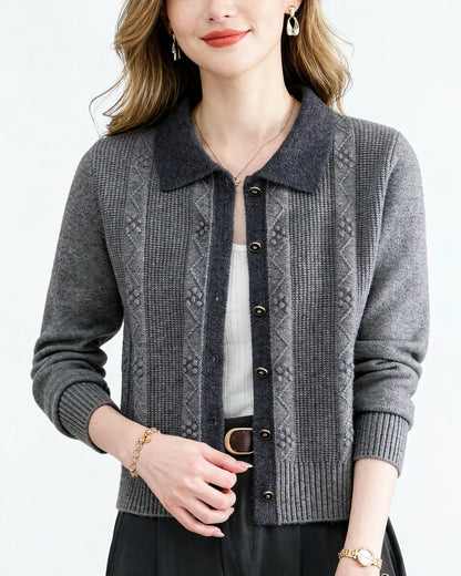 Vintage Contrast Collar Cable Knit Cardigan | Textured Button Crop Sweater