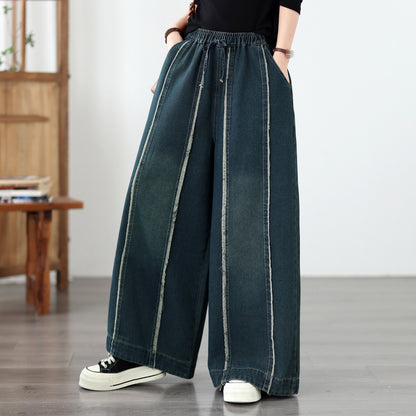 Vintage Denim Wide Leg Pants - Elastic Waist Drawstring & Distressed Seam Details