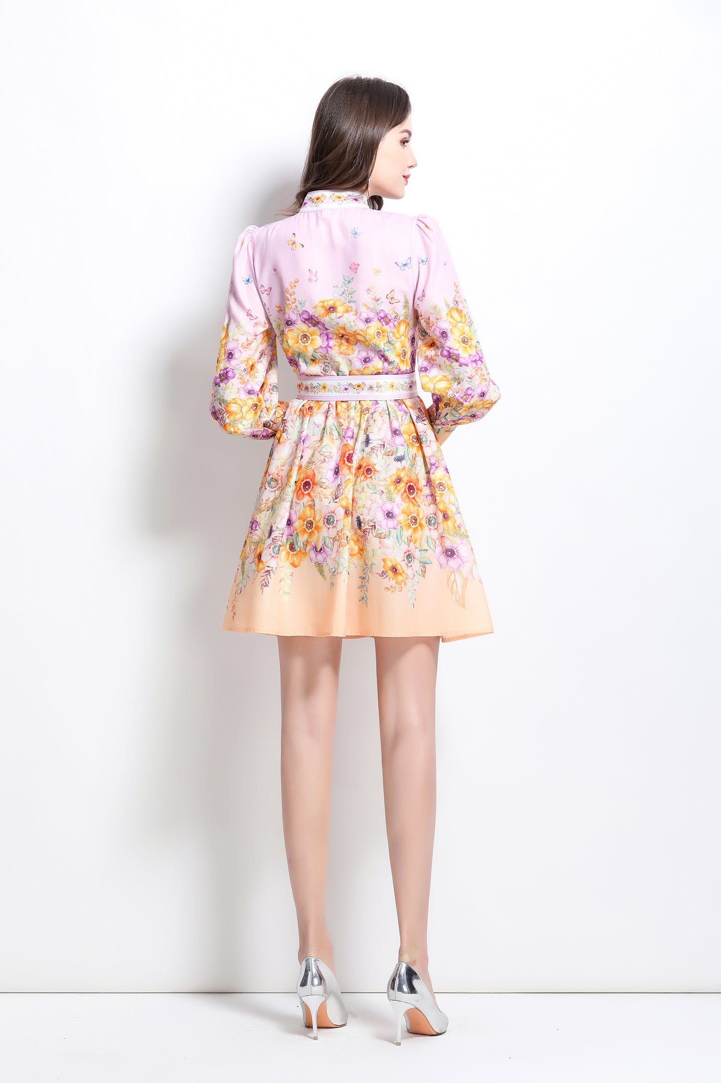 Women's Floral Print Button Lantern Sleeve Mini Dress