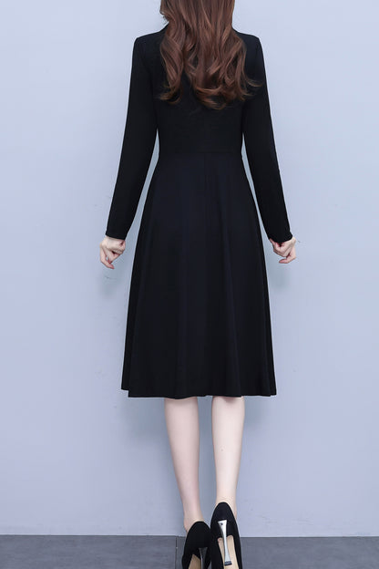 Women's V-Neck with Pockets Long Sleeve Black Dress