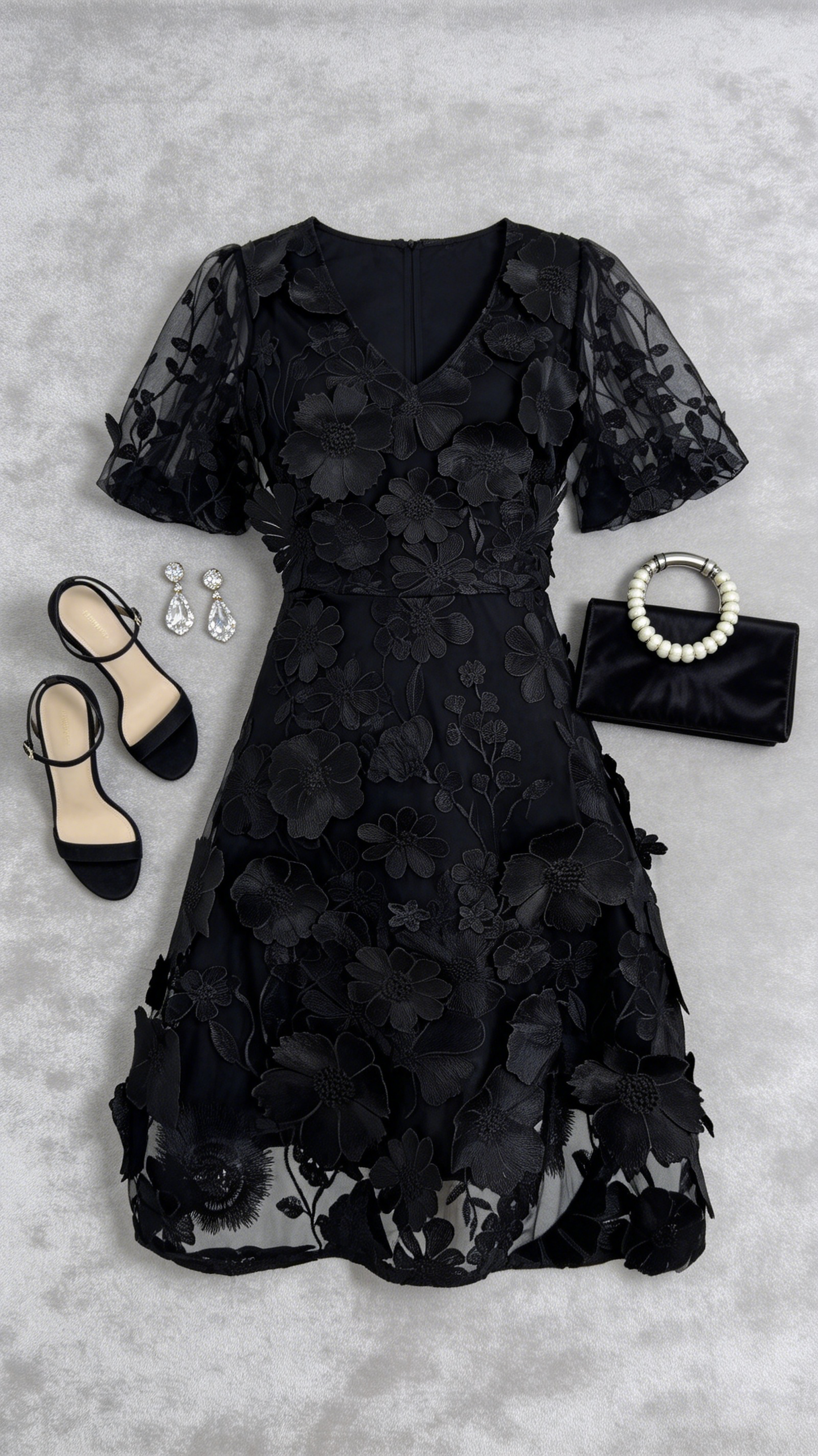 Black 3D Floral Embroidered Cocktail Mini Dress - LAI MENG FIVE CATS