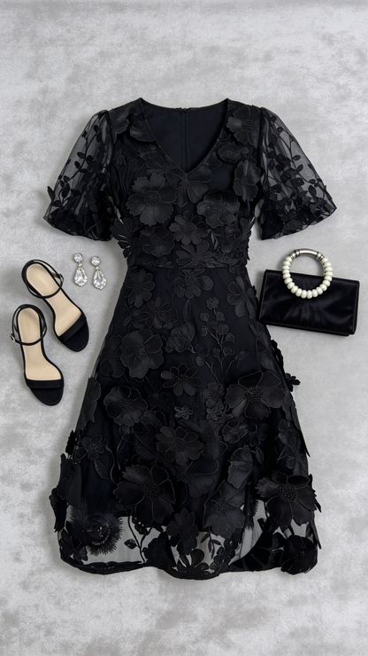 Black 3D Floral Embroidered Cocktail Mini Dress - LAI MENG FIVE CATS