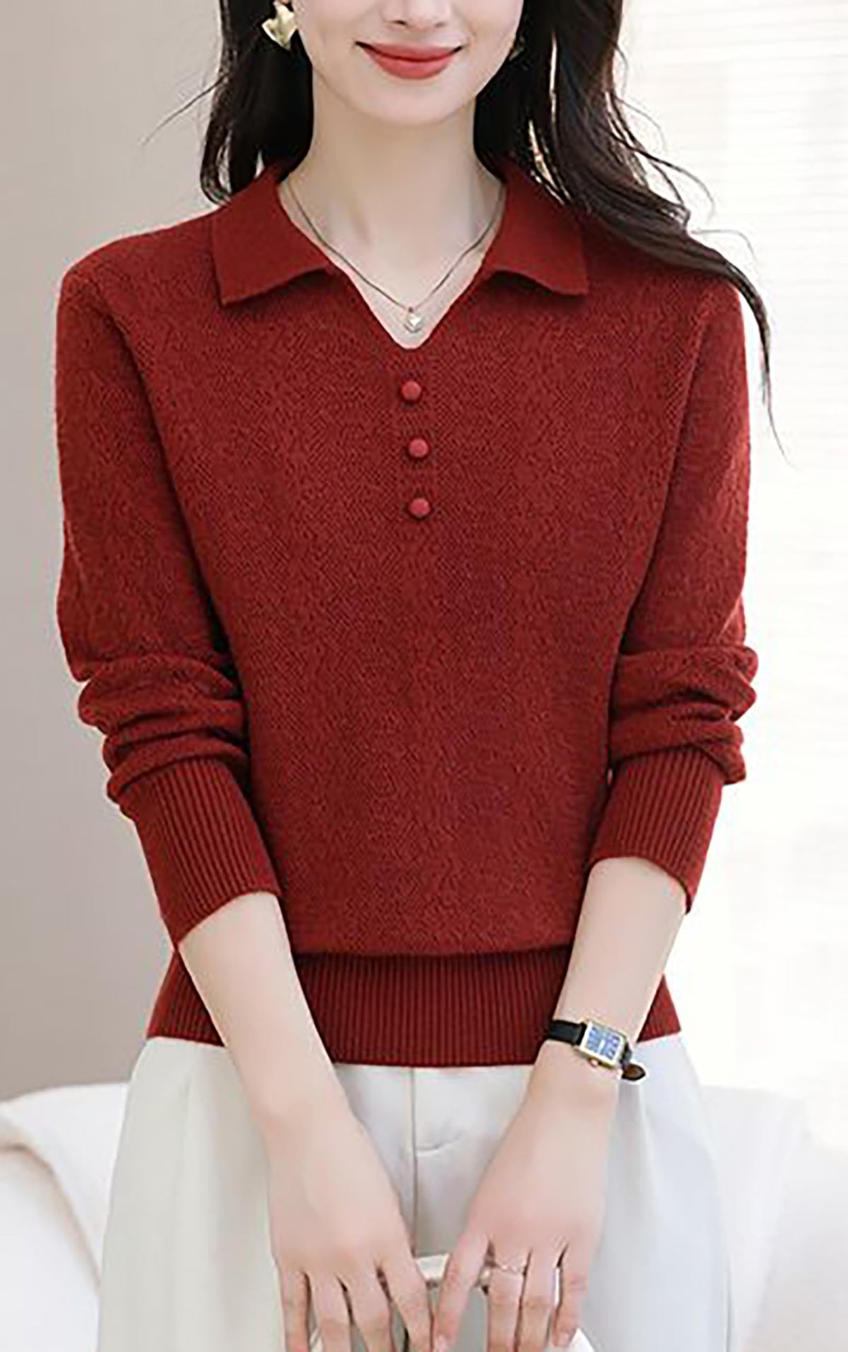 Women's Pink Polo Knit Top — V-Neck & Long Sleeve Ribbet Knitted