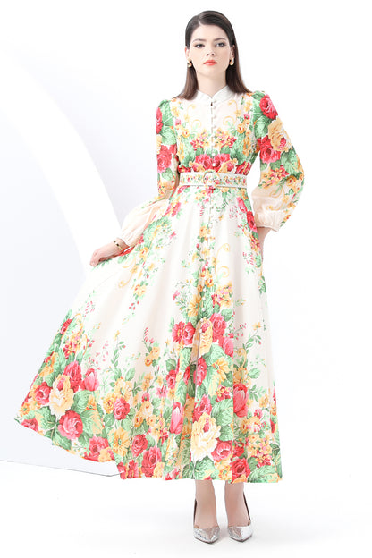 Women's Floral Print Puff Sleeve Split Maxi Dress