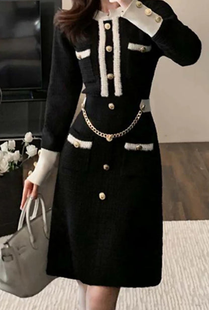 28701 Gold-Button Knit Mini Dress – Black & Ivory