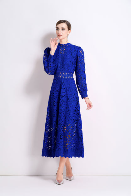 Women's Puff Long Sleeve Hollow Lace Maxi Dress