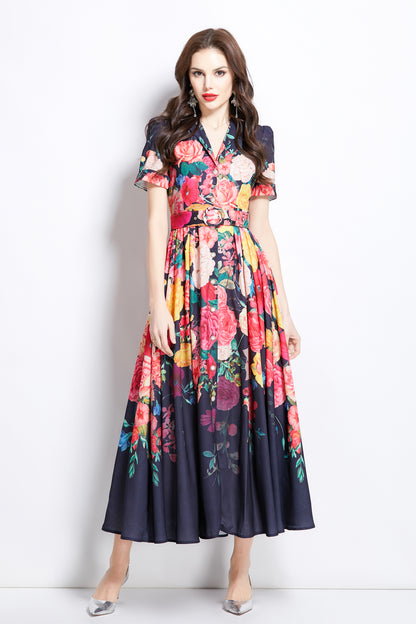 Women's V-Neck Floral Print Short Sleeve Maxi Dress