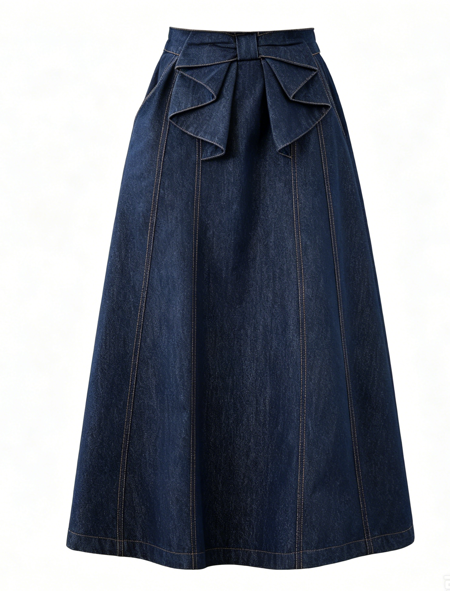 Bow Waist Denim Midi Skirt – Dark Wash Quiet Luxury Skirt