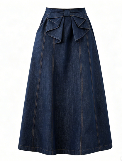 Bow Waist Denim Midi Skirt – Dark Wash Quiet Luxury Skirt