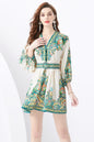 Women's V-Neck Floral Print Lantern Sleeve Mini Dress