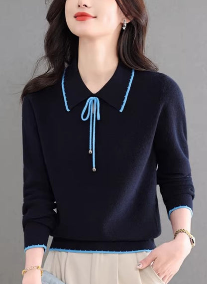 Contrast Trim Bow Collar Knit Top Long Sleeve Soft Sweater
