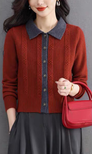 Vintage Contrast Collar Cable Knit Cardigan | Textured Button Crop Sweater