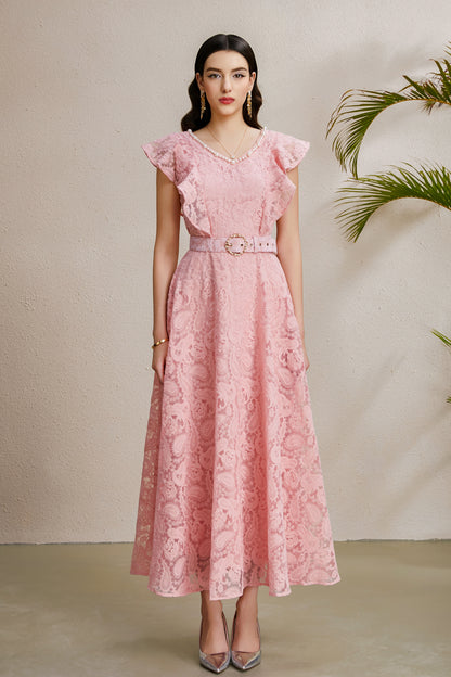 Women's Pearl V-Neck Lace Sleeveless Ruffled Sleeves Maxi Dress
